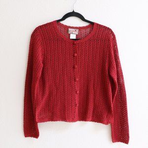 Retro lace knitting crew neck Red Cardigan size S